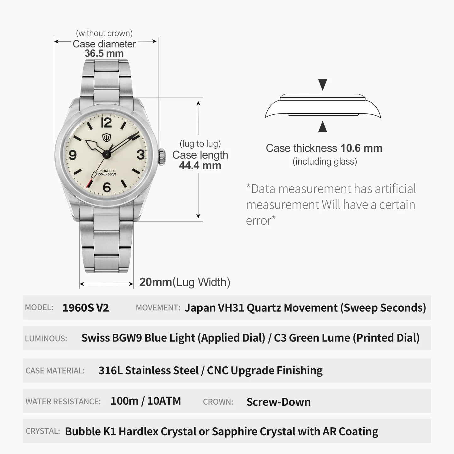 Watchdives WD1960S V2 36Mm Vintage Cream Man Watches VH31 Sweep Seconds Quartz Watch Bubble K1 Sapphire Luminous Stainless Steel