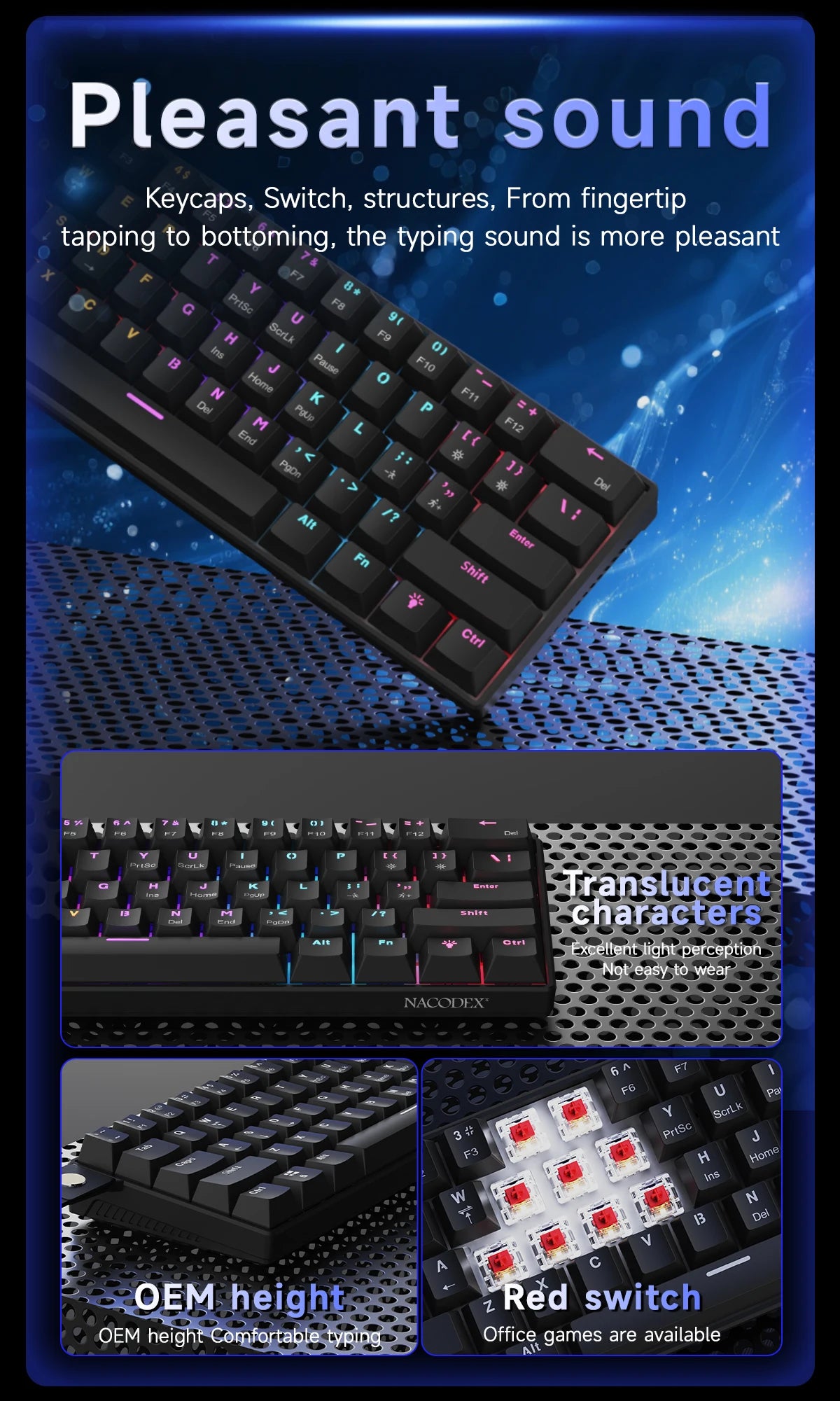 Ajazz NK61 Wired Mechanical Gaming Keyboard with full-key hot-swappable switches RGB lighting effects 61 keys red switches