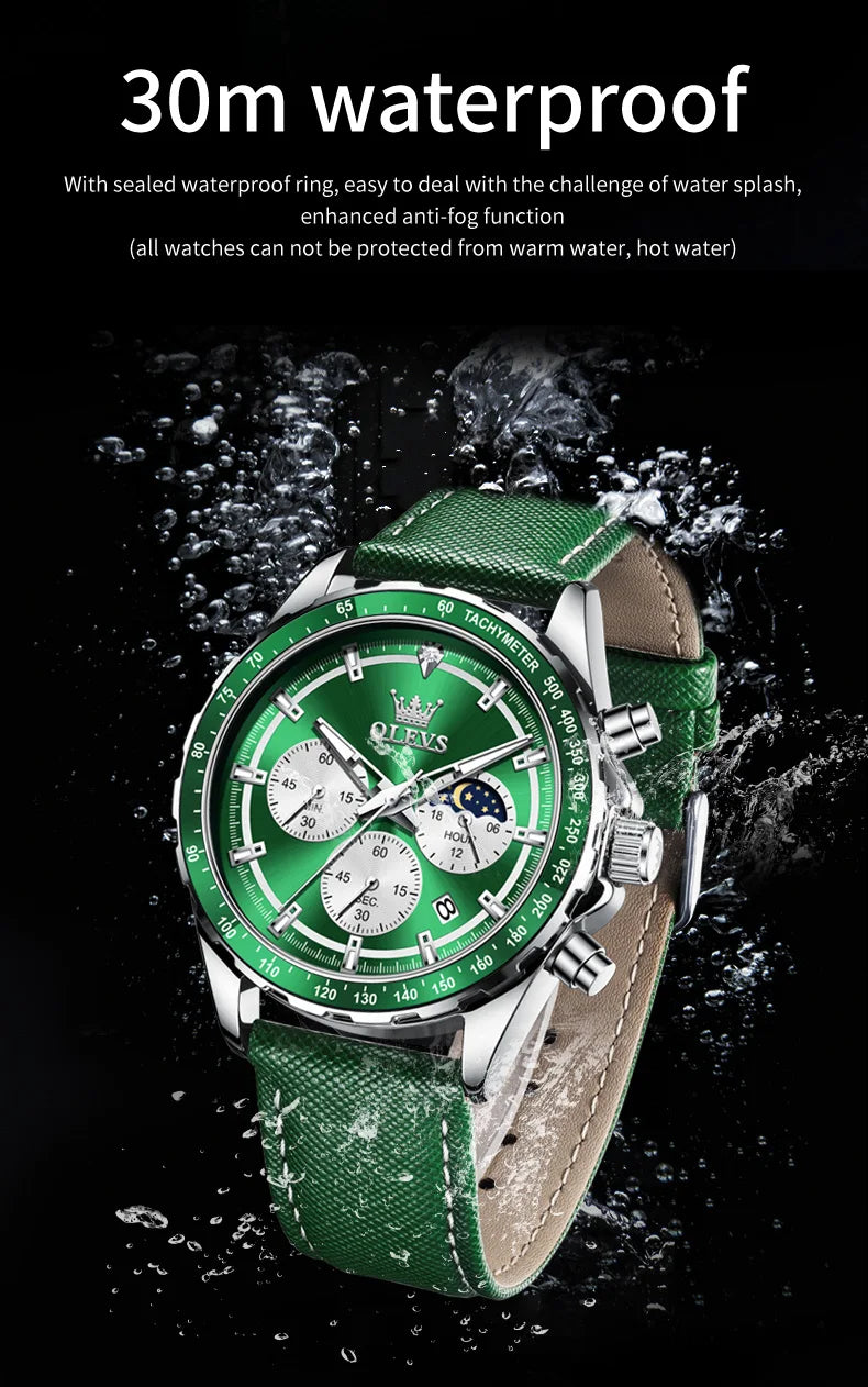 OLEVS Men's Watches Fashion Sports Green Watch For Men Multifunctional Quartz Wristwatches Men Waterproof Leather reloj hombre
