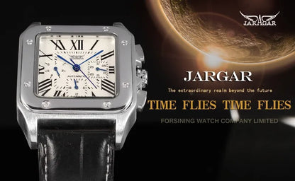 Fashion Jaragar Top Brand Men's Stylish Casual Skeleton Automatic Watch Multifunction Genuine Leather Strap Square Dial Business