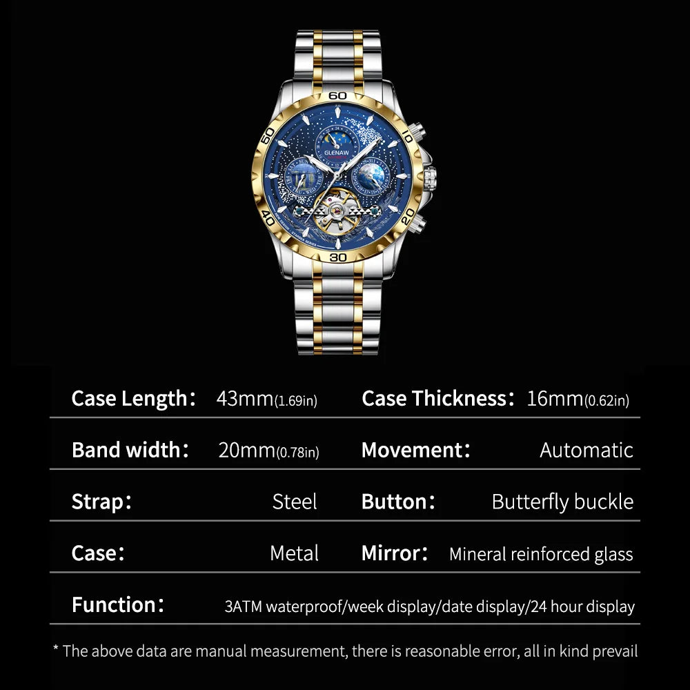 Relógio Masculino GLENAW Design, Marca de Topo, Luxo, Moda e Negócios, Automático, Impermeável, Relógio Mecânico para Homem