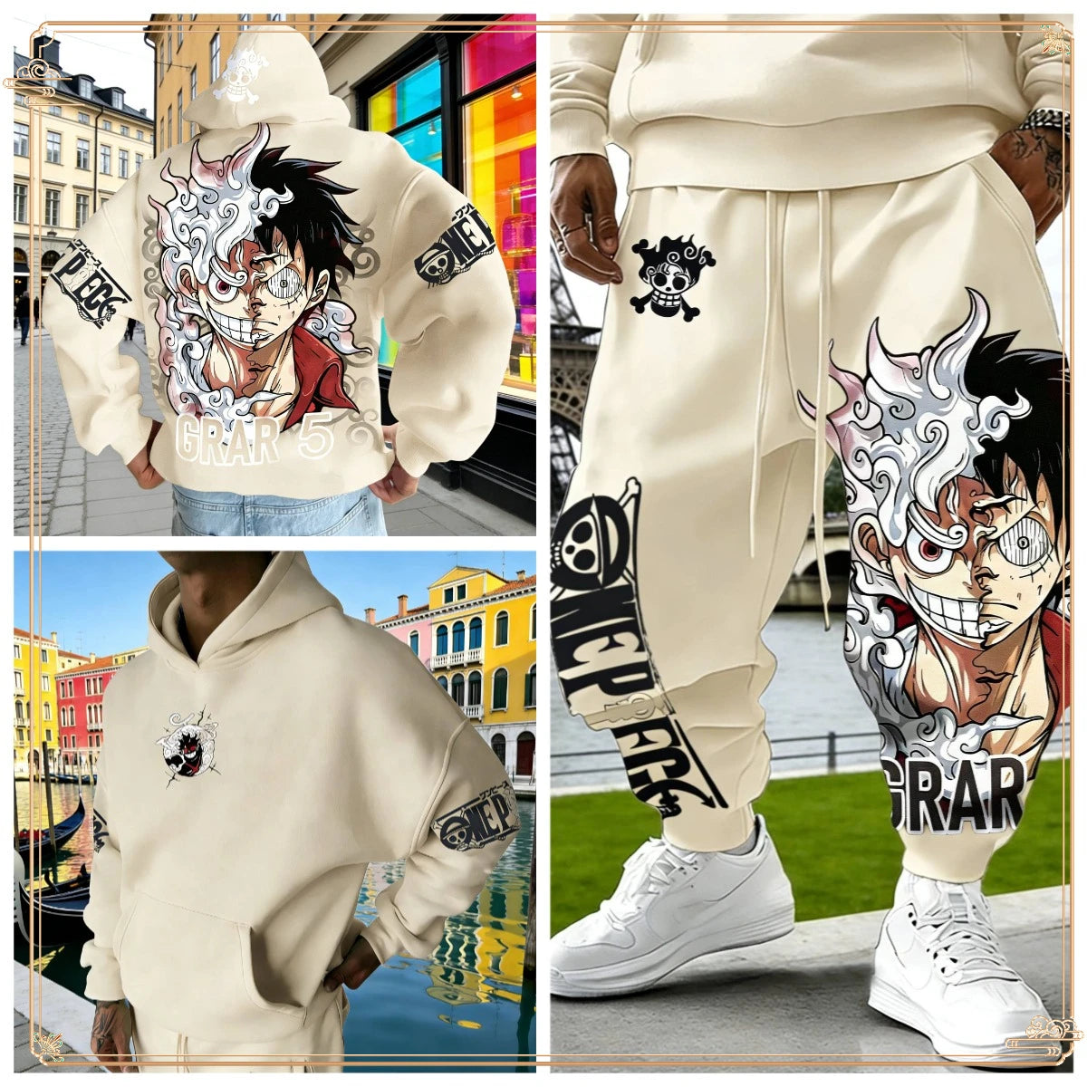 One Piece Luffy Gear 5 Hoodie Pants Set Red Cotton Tracksuit with Character Print on Hoodie Front Pant Side Loose Fit Two Piece