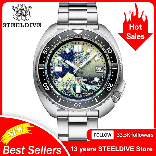 STEELDIVE SD1970J Kanagawa Turtle Full Luminous Dial Ceramic Bezel NH35 AutomaticSTEELDIVE Offical Store Mens Dive Watch