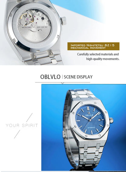 OBLVLO TM-ASP Luxury Men's Watch 41mm Blue Dial Rose Gold Automatic Luminous Waterproof Mechanical Casual Business Watch