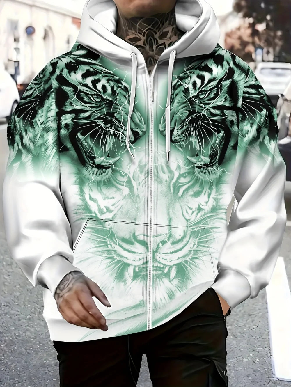 Sweatshirt com capuz e fecho para homem 2025, manga comprida, gráfico de tigre, estilo casual outdoor, com cordão e bolsos