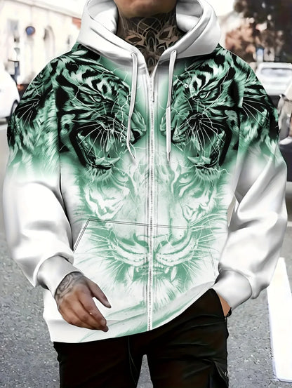 Sweatshirt com capuz e fecho para homem 2025, manga comprida, gráfico de tigre, estilo casual outdoor, com cordão e bolsos