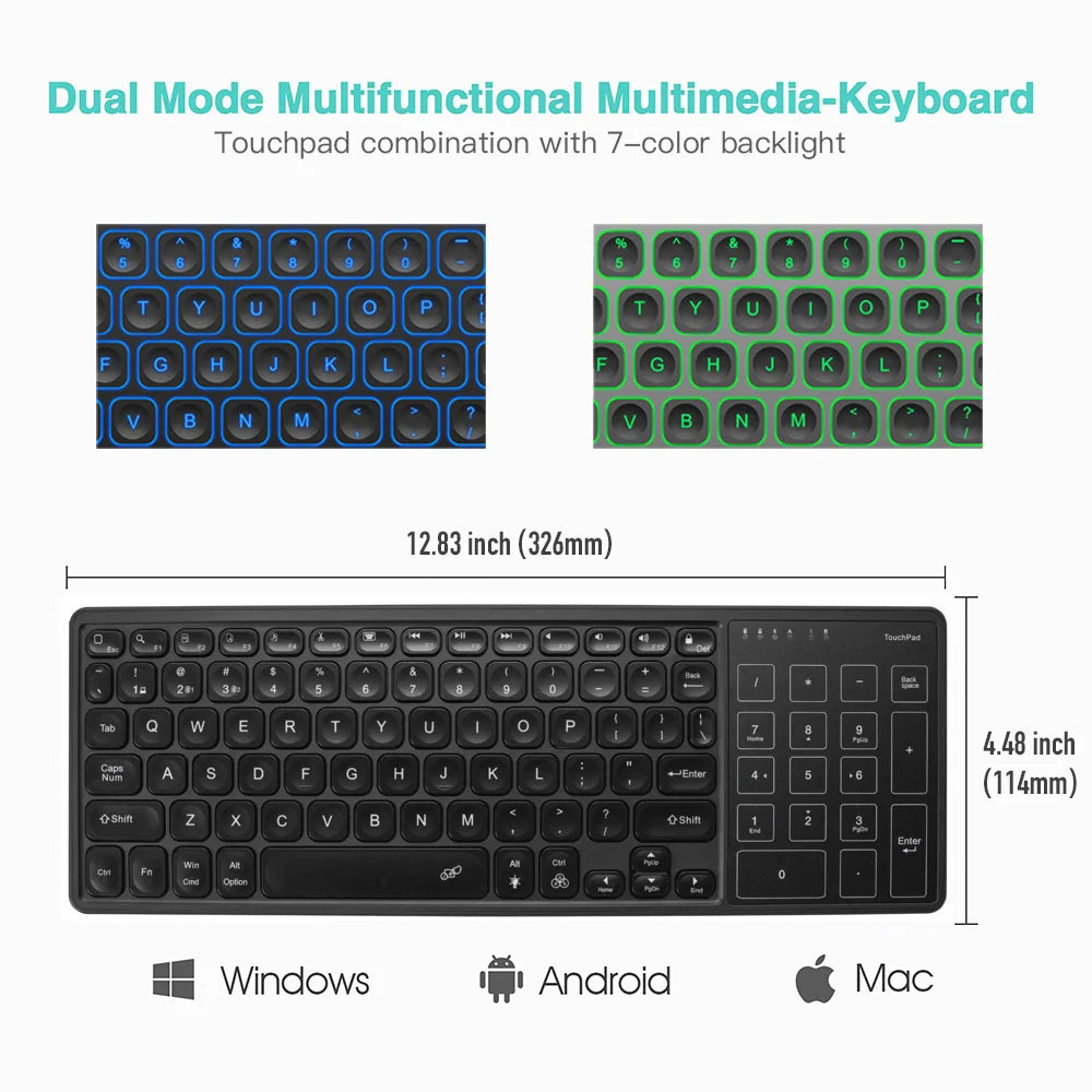 Backlit 7-Colors Bluetooth Keyboard with Touchpad 2.4G Wireless Multimedia Rechargeable Keyboard for Laptop PC Tablet
