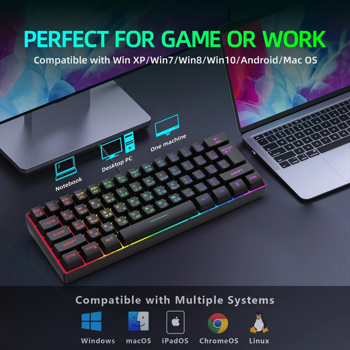 Gaming Keyboard, Russian/English RGB Backlit 61 Key Ultra-Compact Keyboard, Waterproof Mechanical Feeling Office Gaming Keyboards
