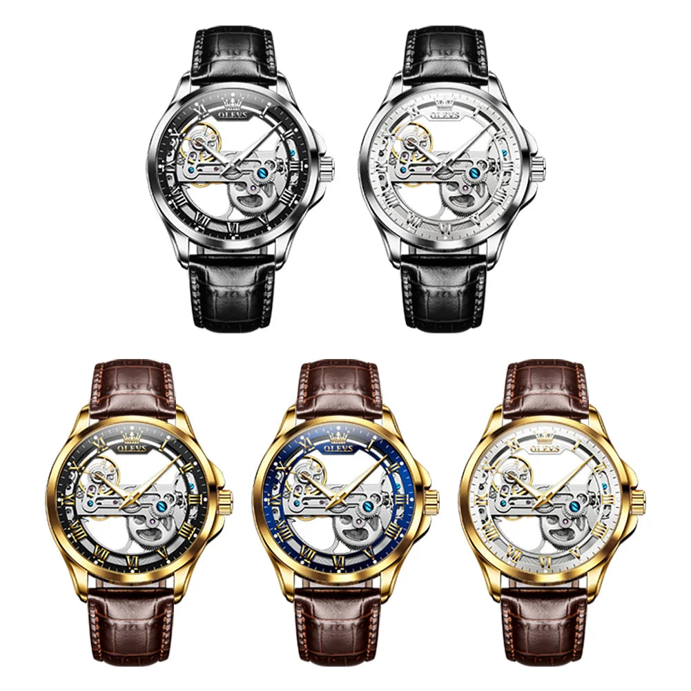 OLEVS Skeleton Automatic Mechanical Watch Men Leather Strap Luminous Waterproof Luxury Business Wristwatch For Man 6661