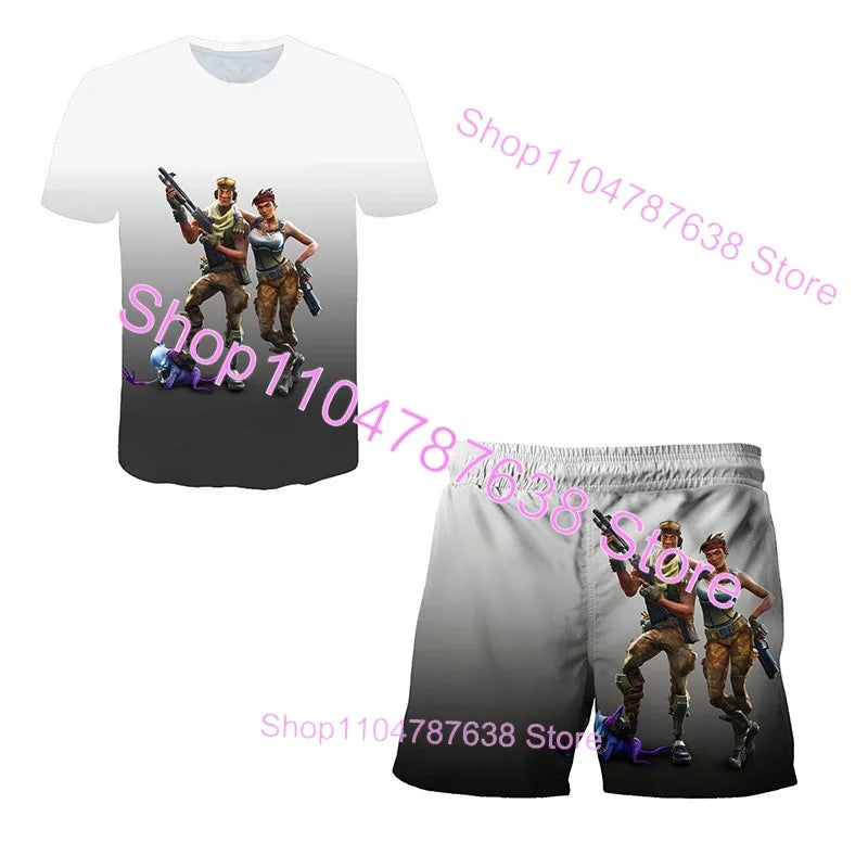 Conjunto Infantil 2 Peças F-Fortnited Victory 3D, T-shirt e Calções para Meninas e Meninos, Roupa Battle Royale, T-shirts Harajuku Hero