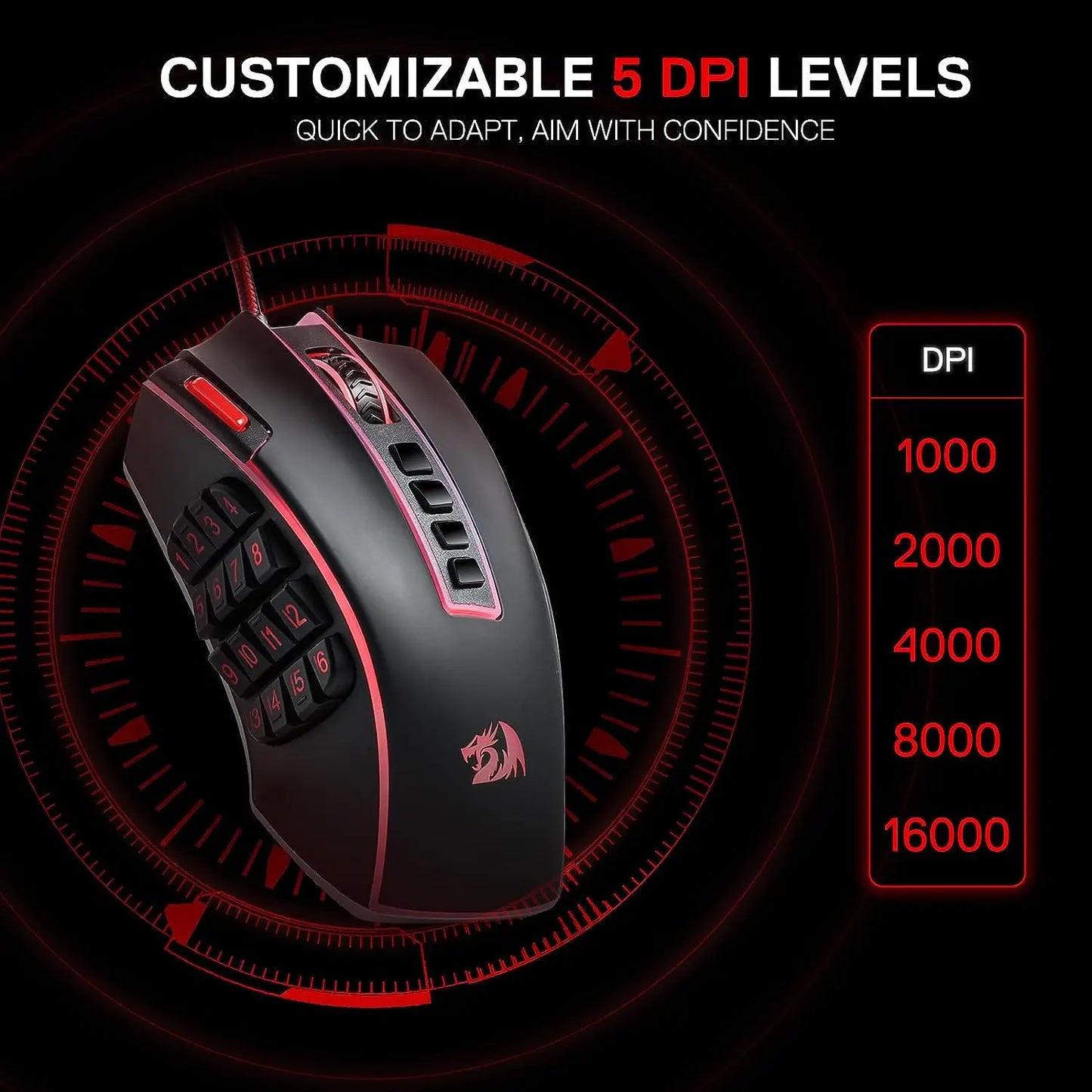 Rato Gaming MMO Redragon M990, 32000 DPI, rato gamer RGB com fios de alta precisão c/23 botões programáveis, 16 teclas macro laterais
