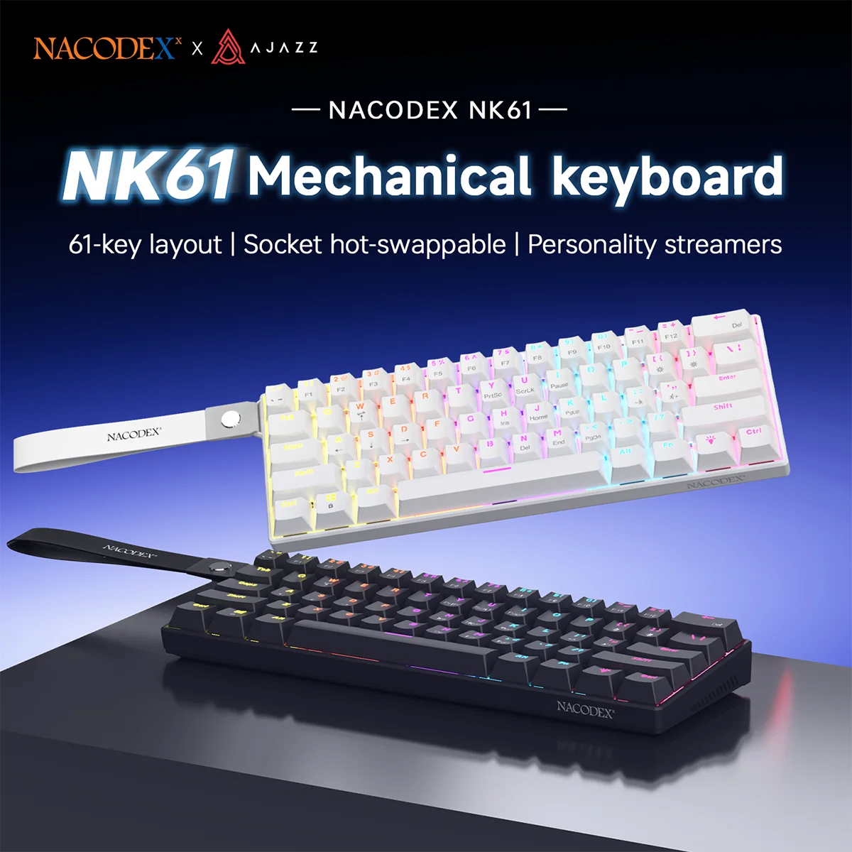 Ajazz NK61 Wired Mechanical Gaming Keyboard with full-key hot-swappable switches RGB lighting effects 61 keys red switches