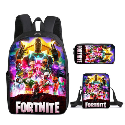 3pcs/set Mochila Fortnite de grande capacidade para estudante, estilo anime e cartoon, estojo, lancheira kawaii, presentes de aniversário