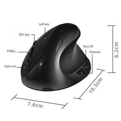 BTS-908 Bestseller — ładowalna pionowa mysz ergonomiczna, bezprzewodowa, odbiornik USB 2.4G, regulowane 1600 DPI, 6 przycisków