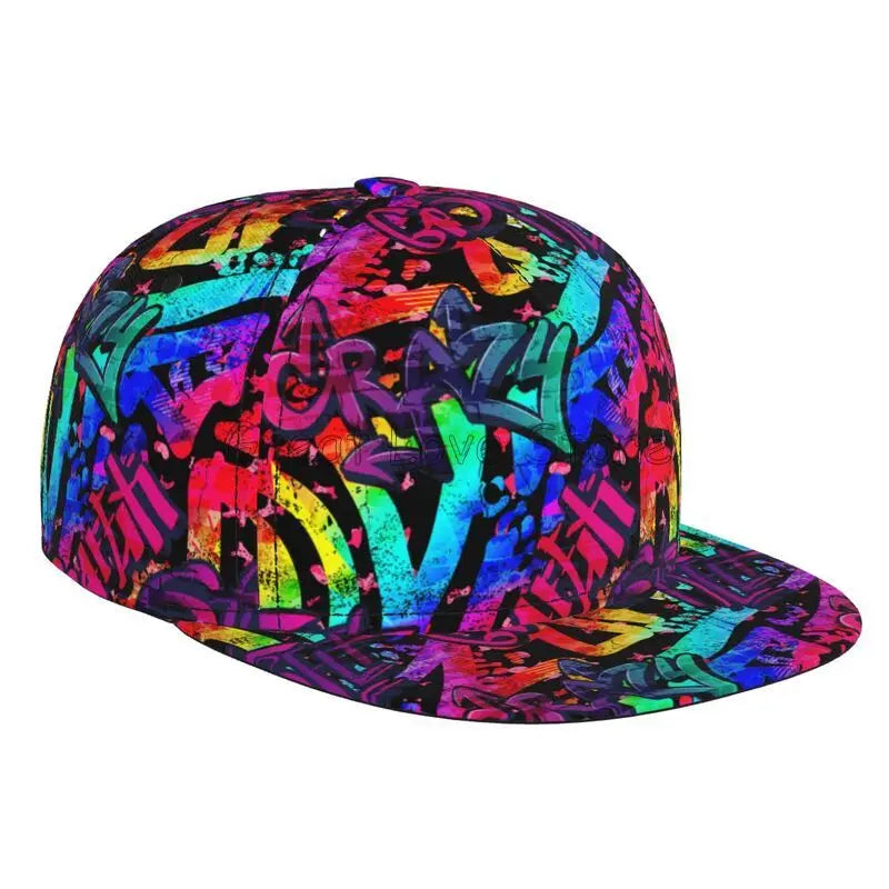 Farverig baseballcap med graffitikunst-print, justerbar snapback-kasket til mænd og kvinder, unisex hiphop-kasketter med flad skygge