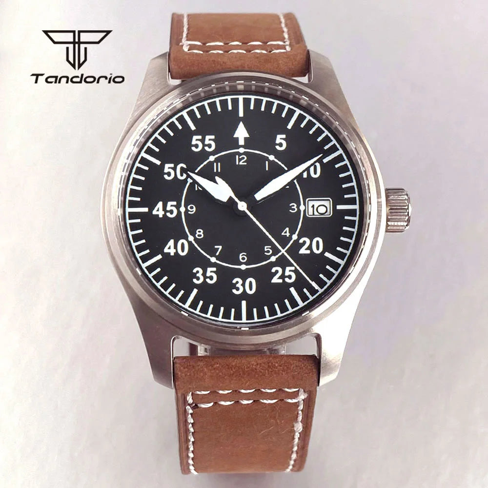 Tandorio 39mm Pilot Men's Diving Automatic Watch AR Sapphire Miyota8215/PT5000 Movt Mechanical Steel Wristwatch 20BAR Green Lume
