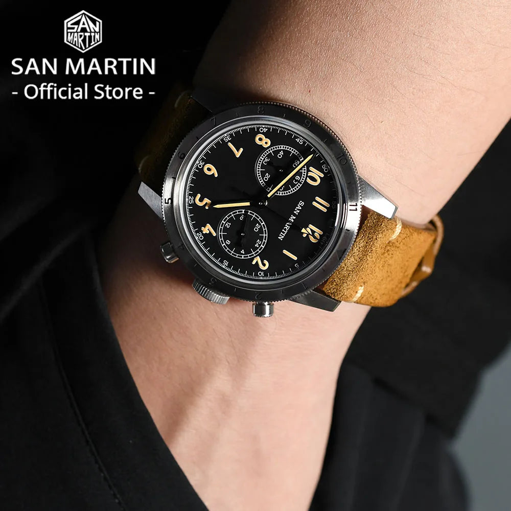 San Martin Vintage Men Quartz Watch Pilot VK64 Chronograph Watches Waterproof Luminous Quick Release Leather Strap SN0127