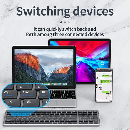 Teclado Sem Fios Bluetooth 5.0&3.0&2.4G FN+1/2/3 Dual-Mode 350mAh Ultra Fino para Portátil, PC, TV, iPad, Macbook e Android