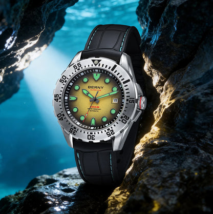 BERNY Automatic Diver Watch for Men Frosted Dial MIYOTA 8215 316L Supper Luminous Sapphire AR Fluororubber Men's Diving Watches