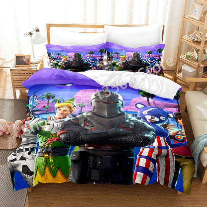 Conjunto de Cama Battle Royale F-Fortnite 3 Peças para Crianças, Capa de Edredão, Colcha e Fronha, Tamanho Duplo, Decoração de Quarto Victory Game