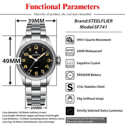 STEELFLIER SF741 VH31 Movement Synthetic Sapphire Mirror Quartz Watch Onion Screw-in Crown 200-meter Waterproof Men's Watch