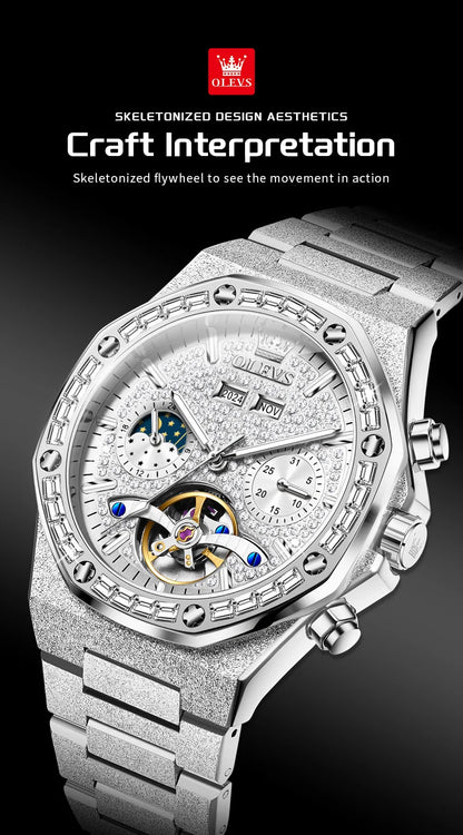 OLEVS 9805 Skeleton Automatic Man Watch Luxury Fashion Matte Texture Full Diamond Moon Phase Waterproof Mechanical Wristwatches