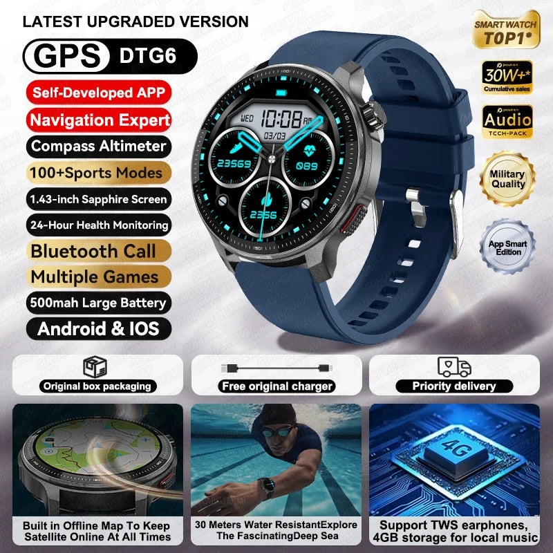 New 4GB Storage Smart Watch GPS Offline Map Local Music Video 200+Custom Dial Swim Outdoor Sport Explosion-proof Military Watchs
