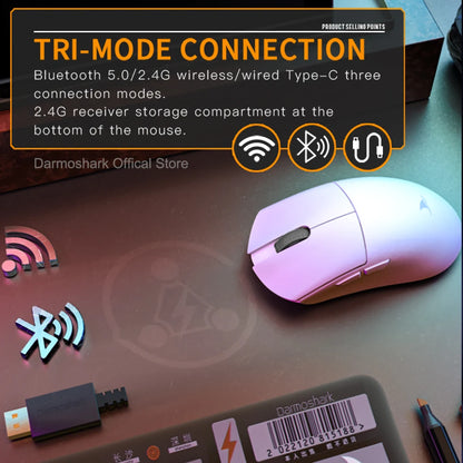 Darmoshark M3Pro Gaming-Maus 2.4G BT kabellos Tri-Mode PAW3395 Sensor N52840 26000DPI für große Hände mit Makro-Treiber – Maus für Gaming