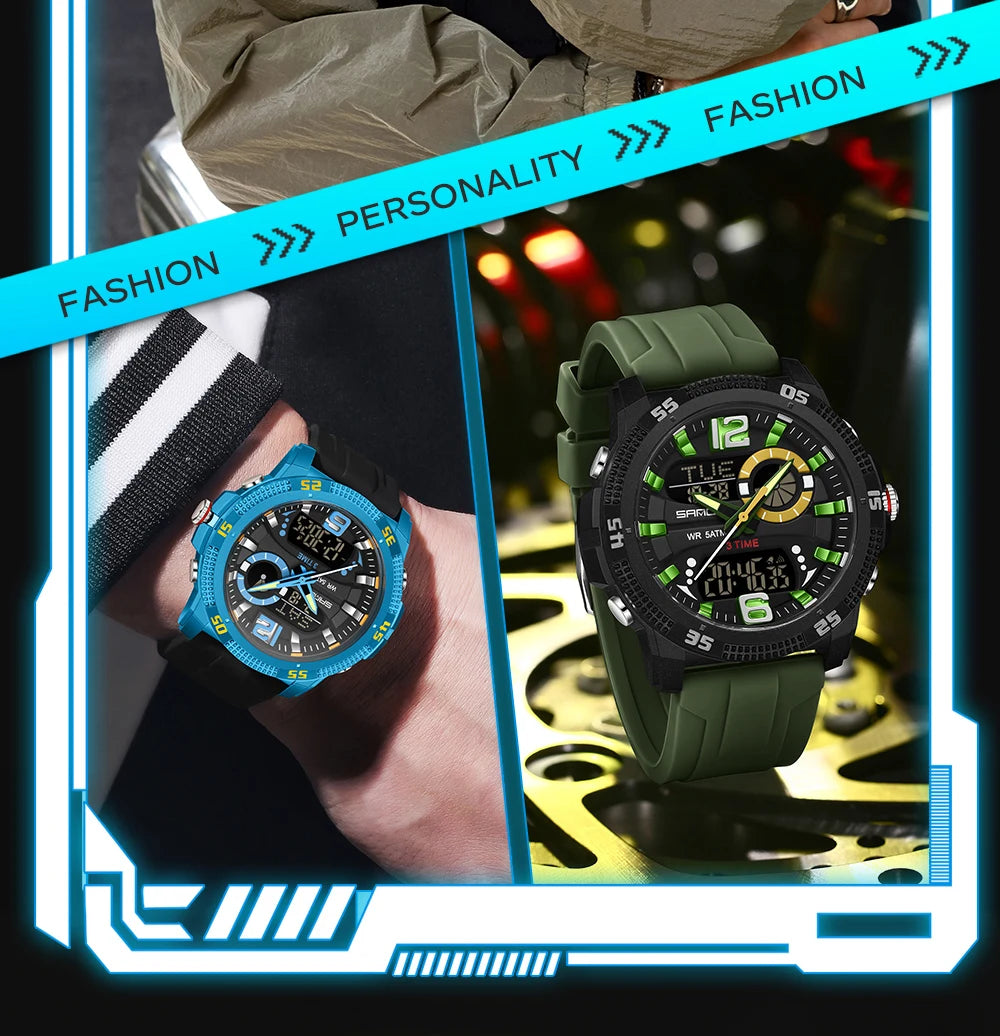 SANDA Fashion Luxury Men's Watches Dual Digital Display Sport Analog Quartz Man Wristwatch Casual Waterproof Silica Chronograph