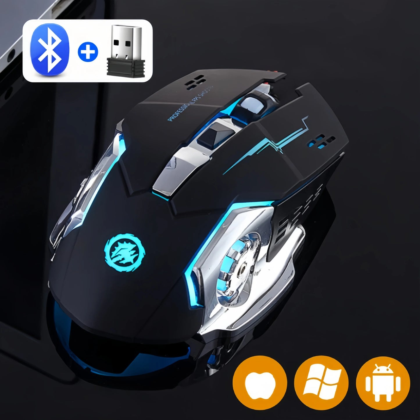 Rato Gaming Sem Fios Recarregável – Bluetooth/USB Silencioso, Retroiluminação RGB, E-Sports para PC