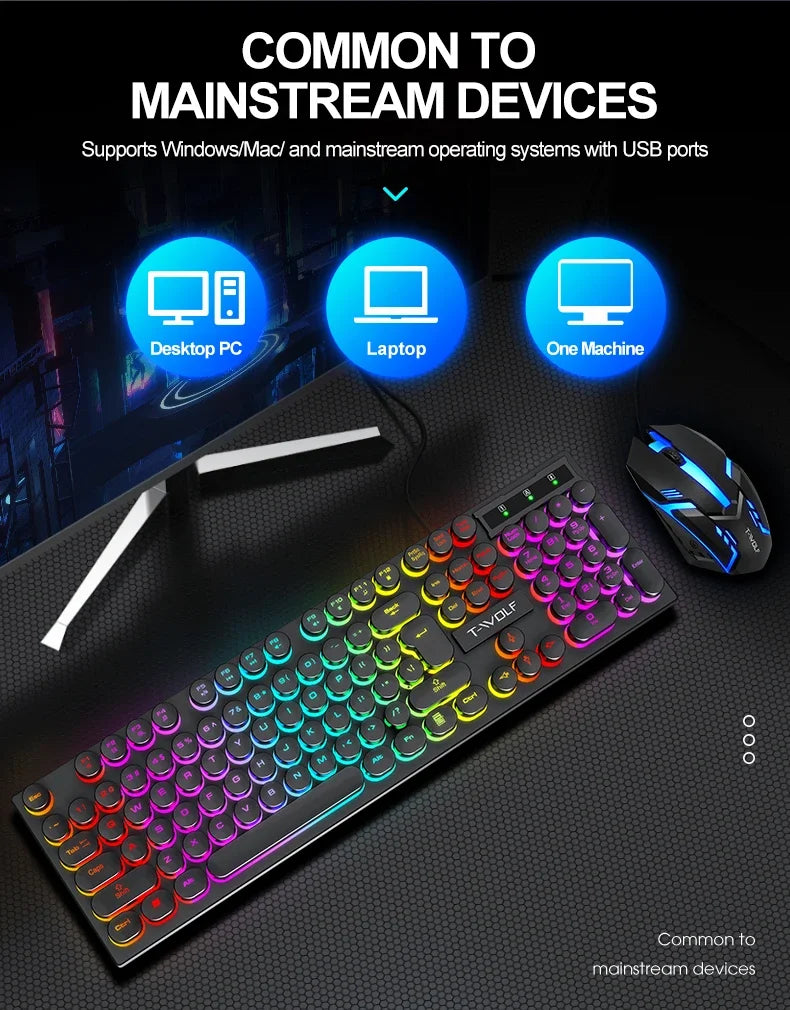 T80 Gaming Mechanical Feel Keyboard Wired 104 Keys Keyboard USB Retro Punk Game Office Suspended Keycap Cool RGB Lighting Effect