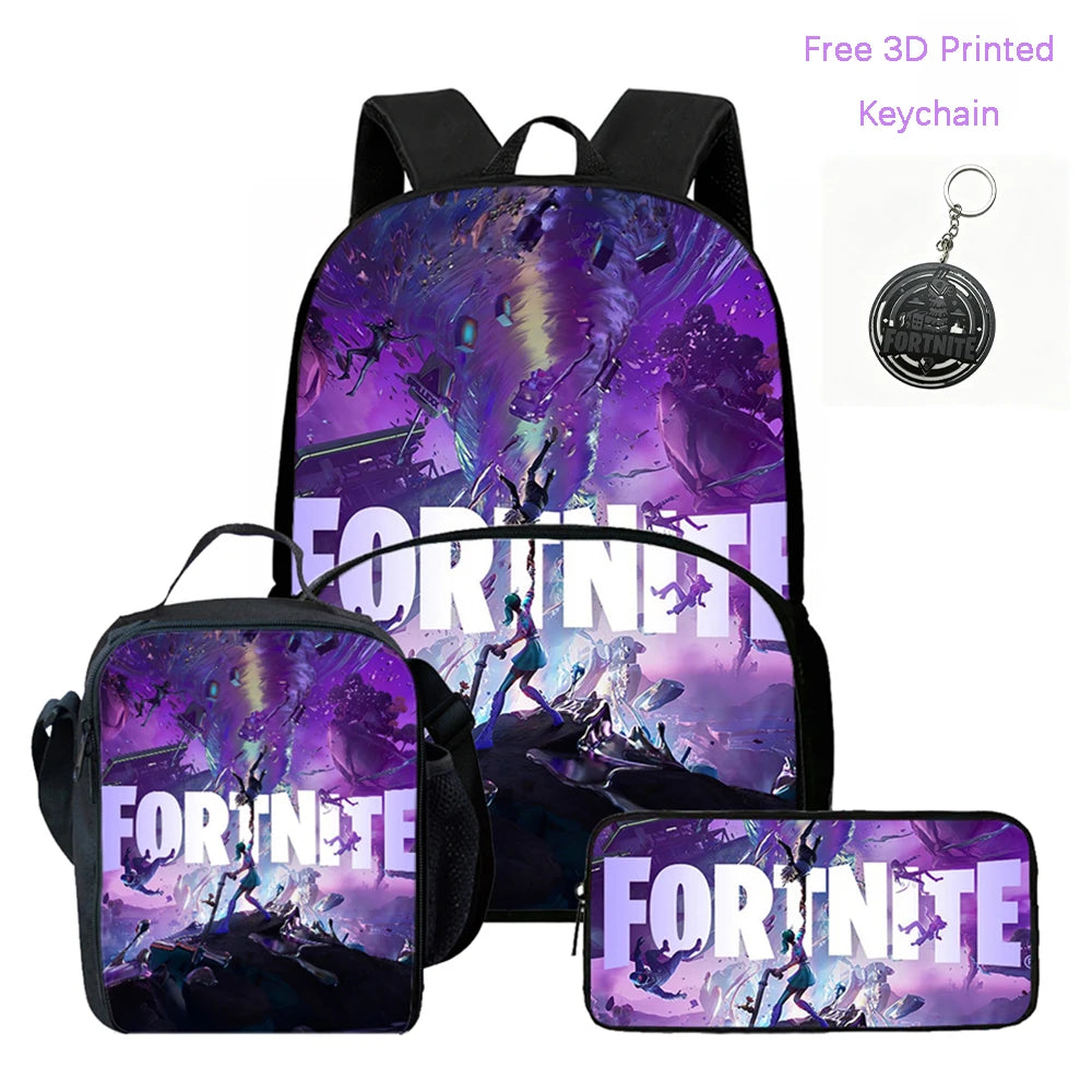 3Pcs FORTNITE Cartoon School Set Lightweight Backpack Front Pocket Lunch & Pencil Case For Kids Age 5-9 Free 3D Printed Keychain