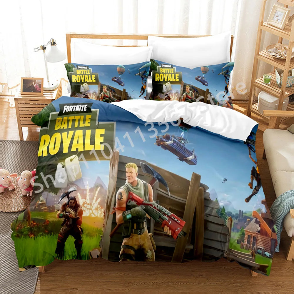 Conjunto de Cama Battle Royale F-Fortnite 3 Peças para Crianças, Capa de Edredão, Colcha e Fronha, Tamanho Duplo, Decoração de Quarto Victory Game
