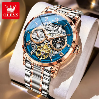 OLEVS 6670 Mens Watch Luxury Brand Skeleton Mechanical Watch Moon Phase Stainless Steel Watches For Man Gifts Box High Quality