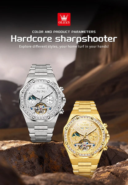 OLEVS 9805 Mens Watch Original Brand Tourbillon Automatic Mechanical Watch Diamond Dial Waterproof Moon Phase Watches For Men
