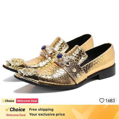 Men Luxury White Gold Metal Toe Oxford Elegant Loafers Slip On Dress Shoes Formal Wedding Party PU Leather Shoes Size 38-46