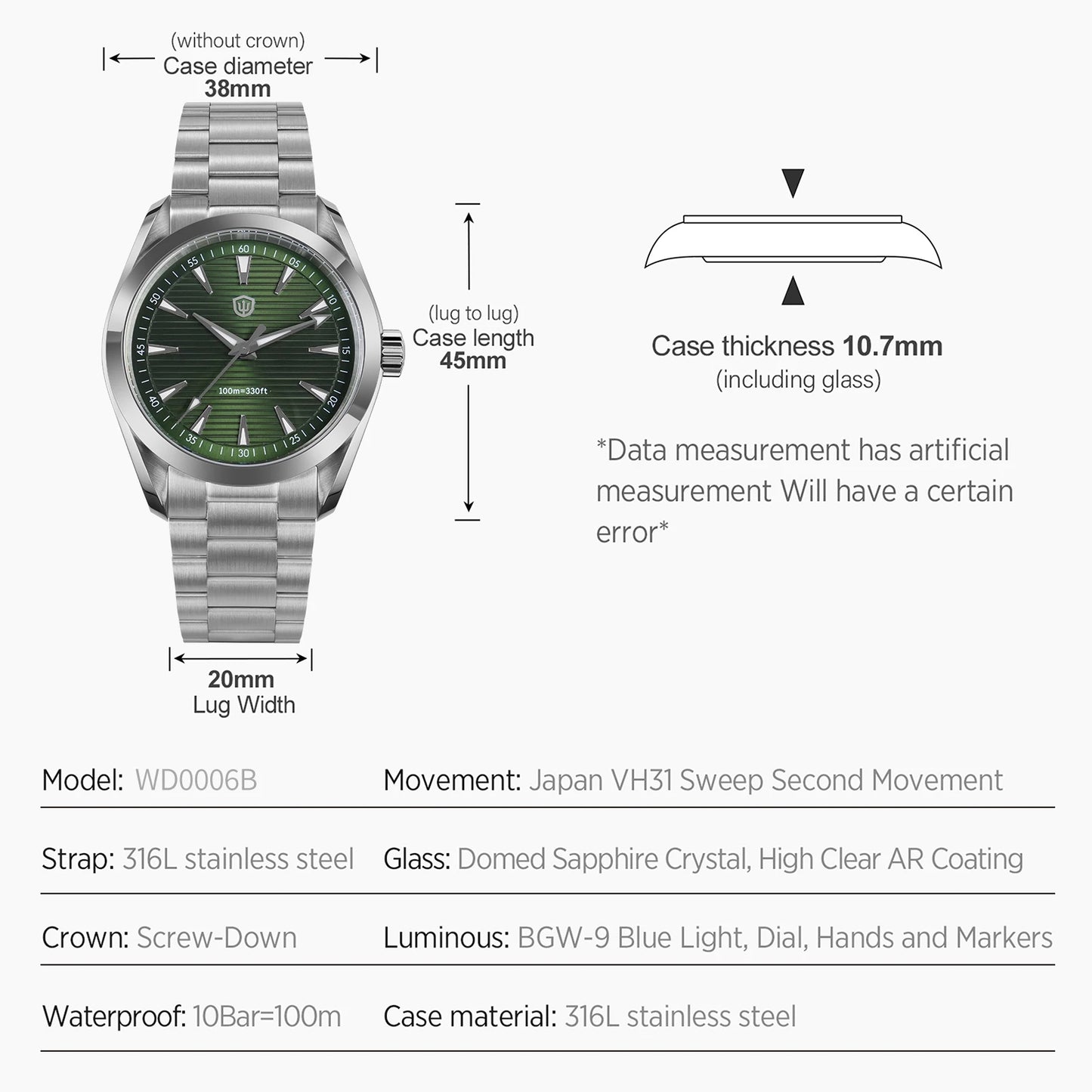 Watchdives WD0006 Watch VH31 Sweep Second Movement Domed Sapphire Crystal BGW9 Luminous 10Bar Waterproof 38mm Vintage Watches