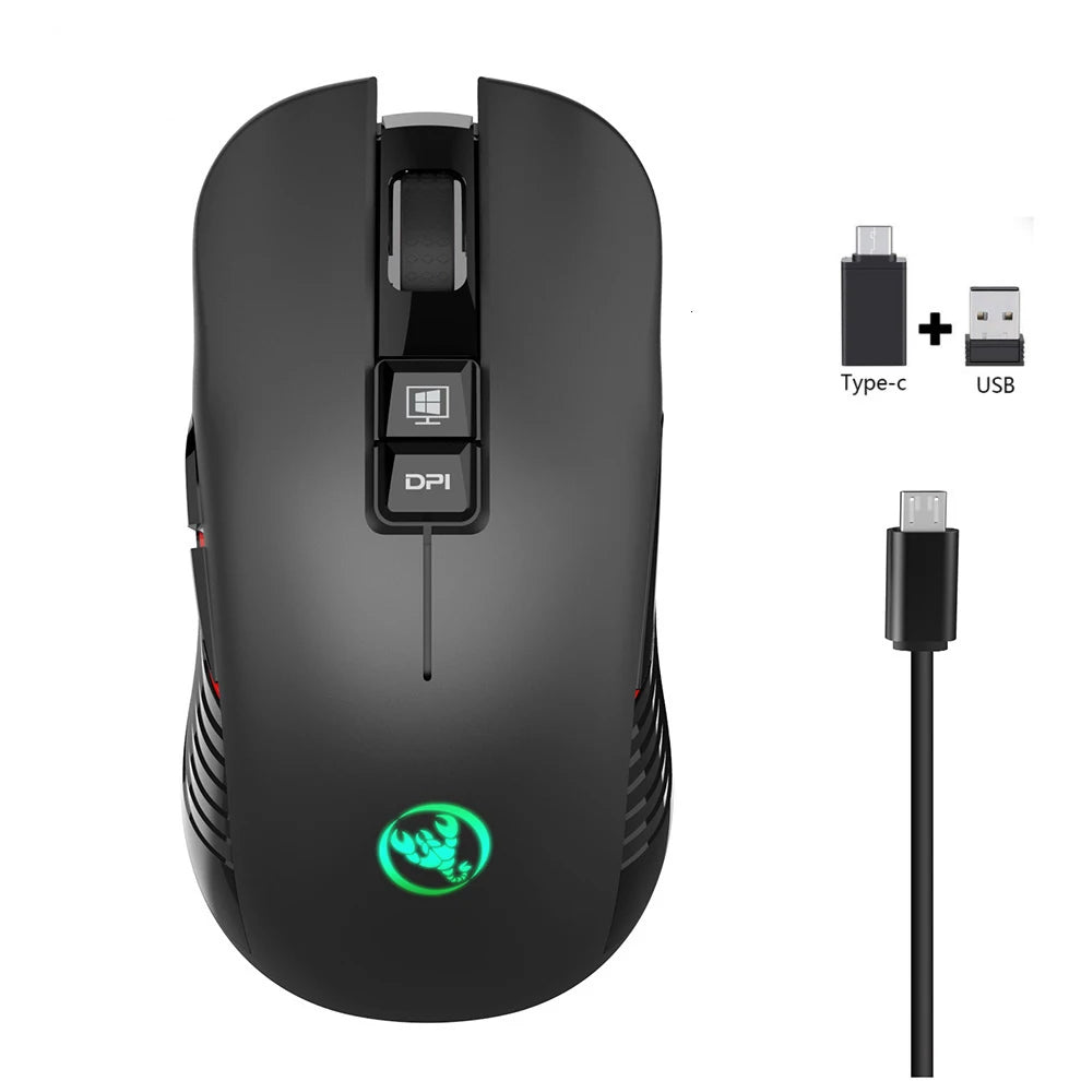 Rato gaming sem fios 2.4G USB-C recarregável 3600DPI, 7 botões, Type-C, silencioso, para MacBook, portátil, PC e computador