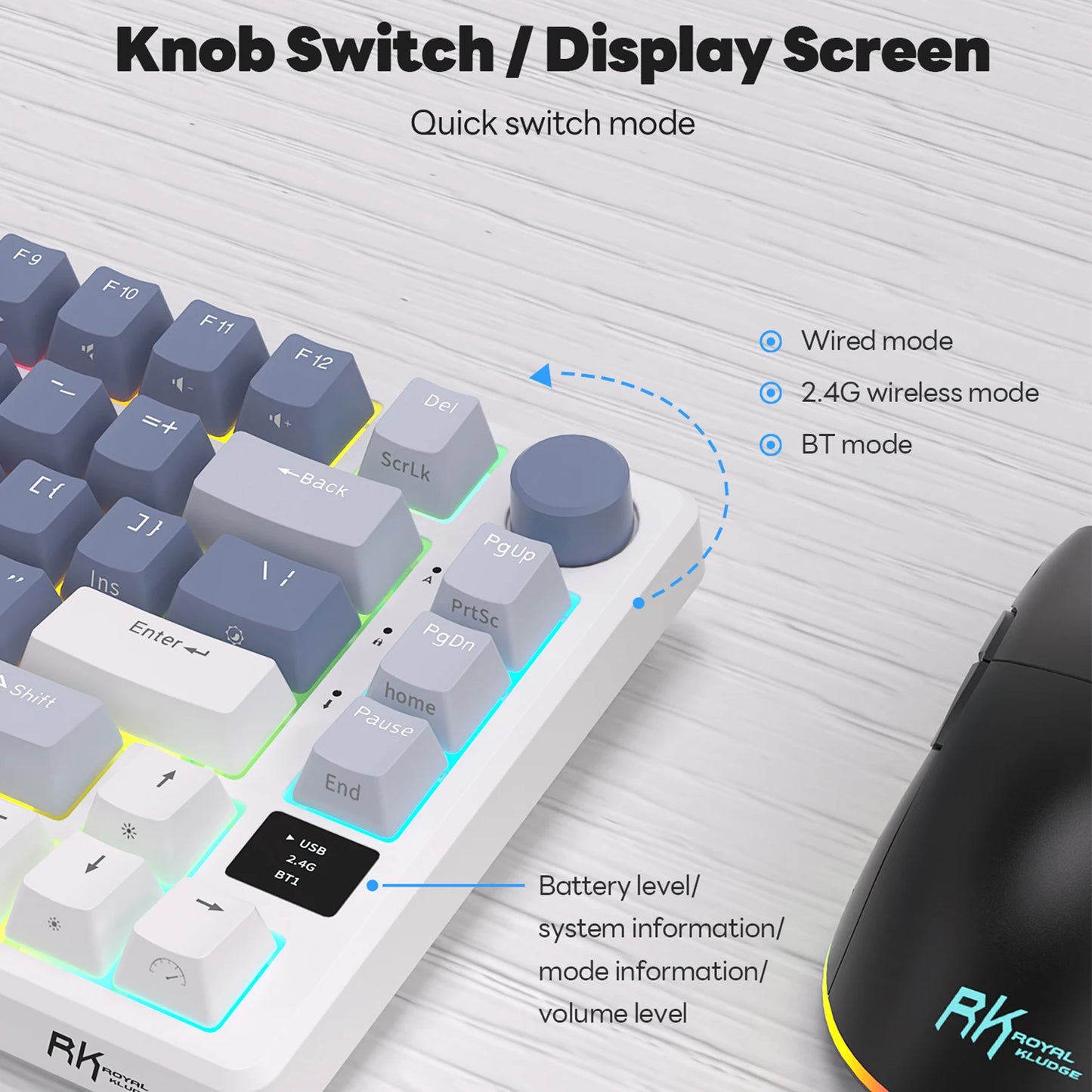 RK ROYAL KLUDGE M75 2.4G Wireless/Bluetooth/USB-C Mechanical Keyboard 81 Keys RGB Hot-Swappable Gasket Gamer Keyboard with Screen