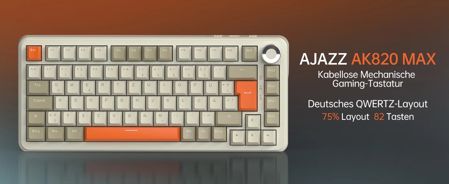 German Version Ajazz Ak820 Gaming Mechanical Keyboard, German Keyboard, ISO-DE Layout Qwertz Hot-Swappable Volume Knob, Holiday Gift