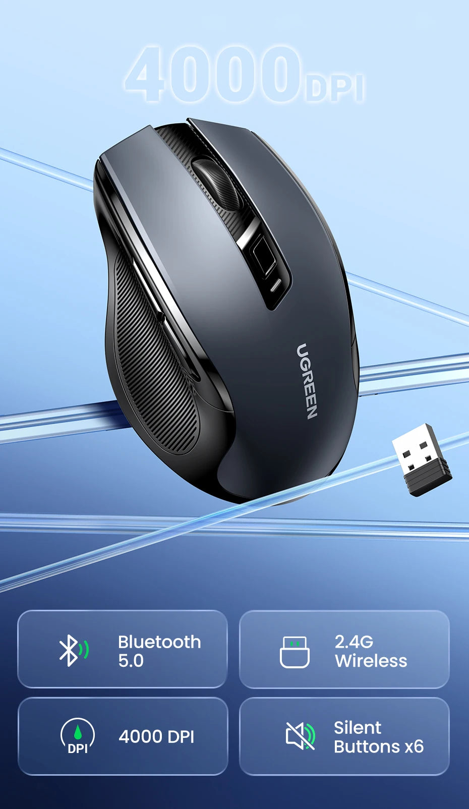 Rato sem fios UGREEN Bluetooth 5.0, ergonómico, 4000 DPI, 6 botões silenciosos, para MacBook, tablet, computadores portáteis, computador PC, rato 2.4G