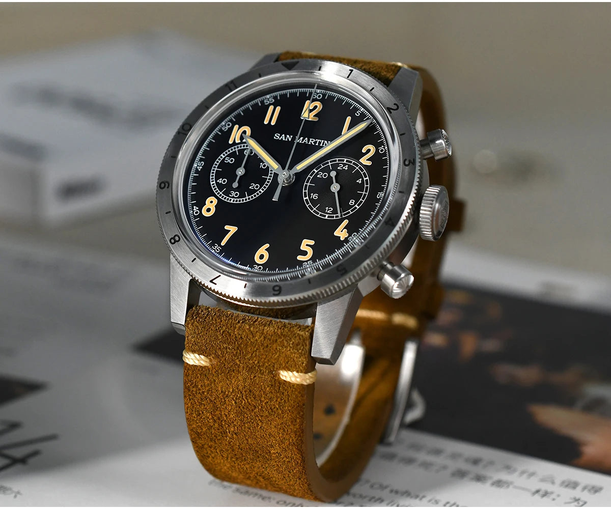 San Martin Vintage Men Quartz Watch Pilot VK64 Chronograph Watches Waterproof Luminous Quick Release Leather Strap SN0127