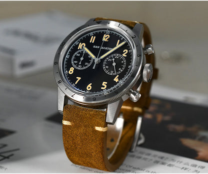 San Martin Vintage Men Quartz Watch Pilot VK64 Chronograph Watches Waterproof Luminous Quick Release Leather Strap SN0127