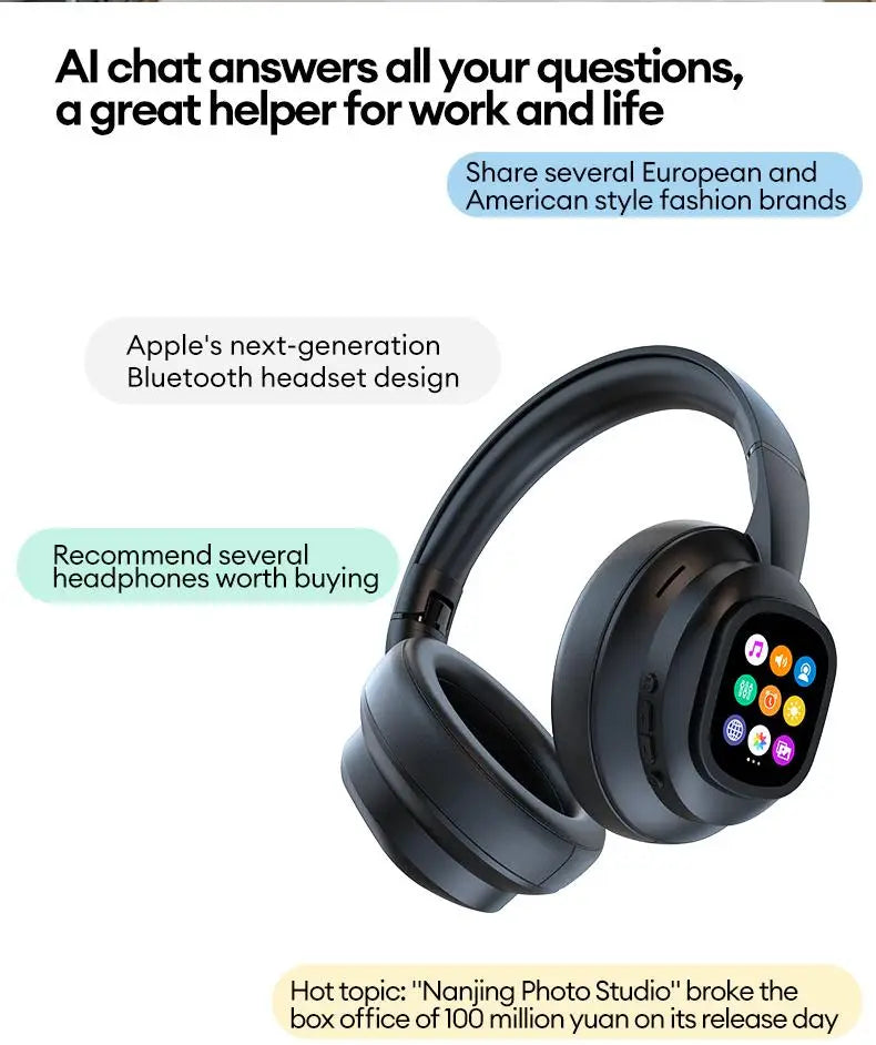 Auscultadores Bluetooth sem fios com ecrã tátil LCD AI – Headset gaming com cancelamento de ruído ANC, graves profundos e microfone HD