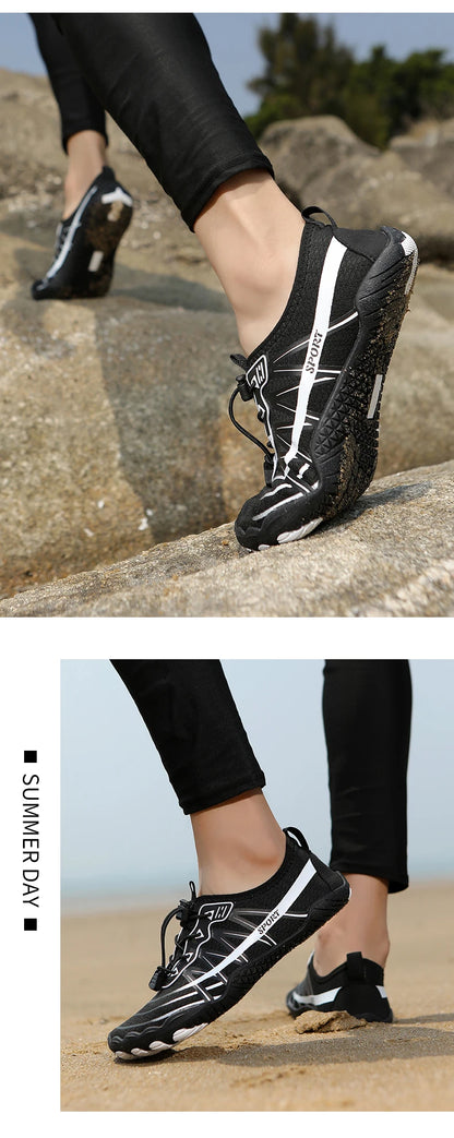 Novos sapatos aquáticos 2025 barefoot para praia e desporto, sapatos de natação antiderrapantes de alta qualidade, sapatos desportivos casuais de cinco dedos unissexo