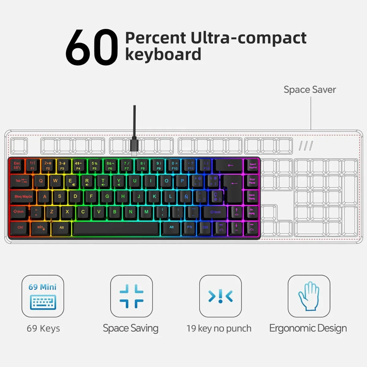 RGB backlit keyboard Russian 69 keys white membrane gaming wired ergonomic Keyboards for compact mini for pc laptop color black
