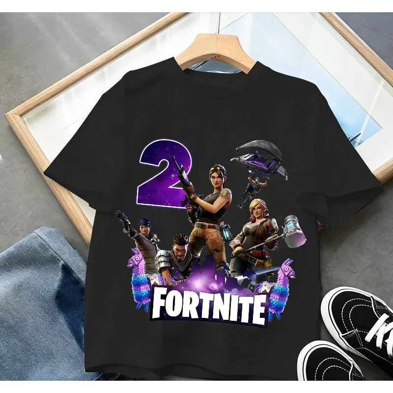 T-shirt de aniversário infantil Fortnites com número para menina e menino, roupa de verão em algodão para bebé, top de manga curta para festa, presente para criança pequena