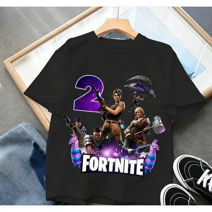 T-shirt de aniversário infantil Fortnites com número para menina e menino, roupa de verão em algodão para bebé, top de manga curta para festa, presente para criança pequena