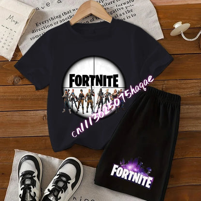 Conjunto infantil de verão Fortnite com t-shirt e calções anime, 2 peças, manga curta, algodão, casual, desportivo, presente