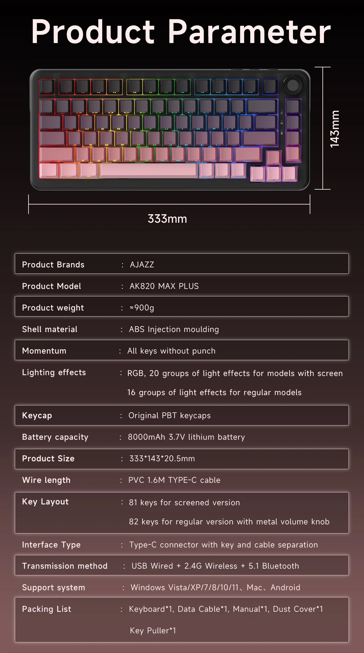 AJAZZ AK820 MAX PLUS Tri-mode TFT Screen Gaming Keyboard 8000mAh dual system hot swap FR4/PC Plate Volume Knob